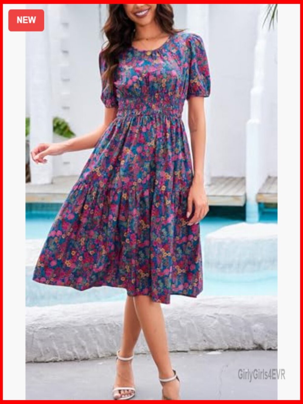 Women Summer Boho Floral Midi Dress Smocked Waist Tiered Flowy Swing - Picture 2 of 7